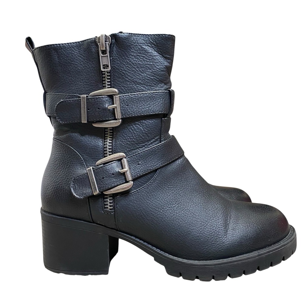 Torrid Moto Boots Sz 11W Black Chunky Block Heels Lug Sole Double Buckle Straps